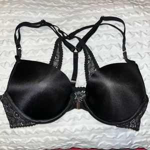 Victoria’s Secret black 32B open front lace back pushup bra